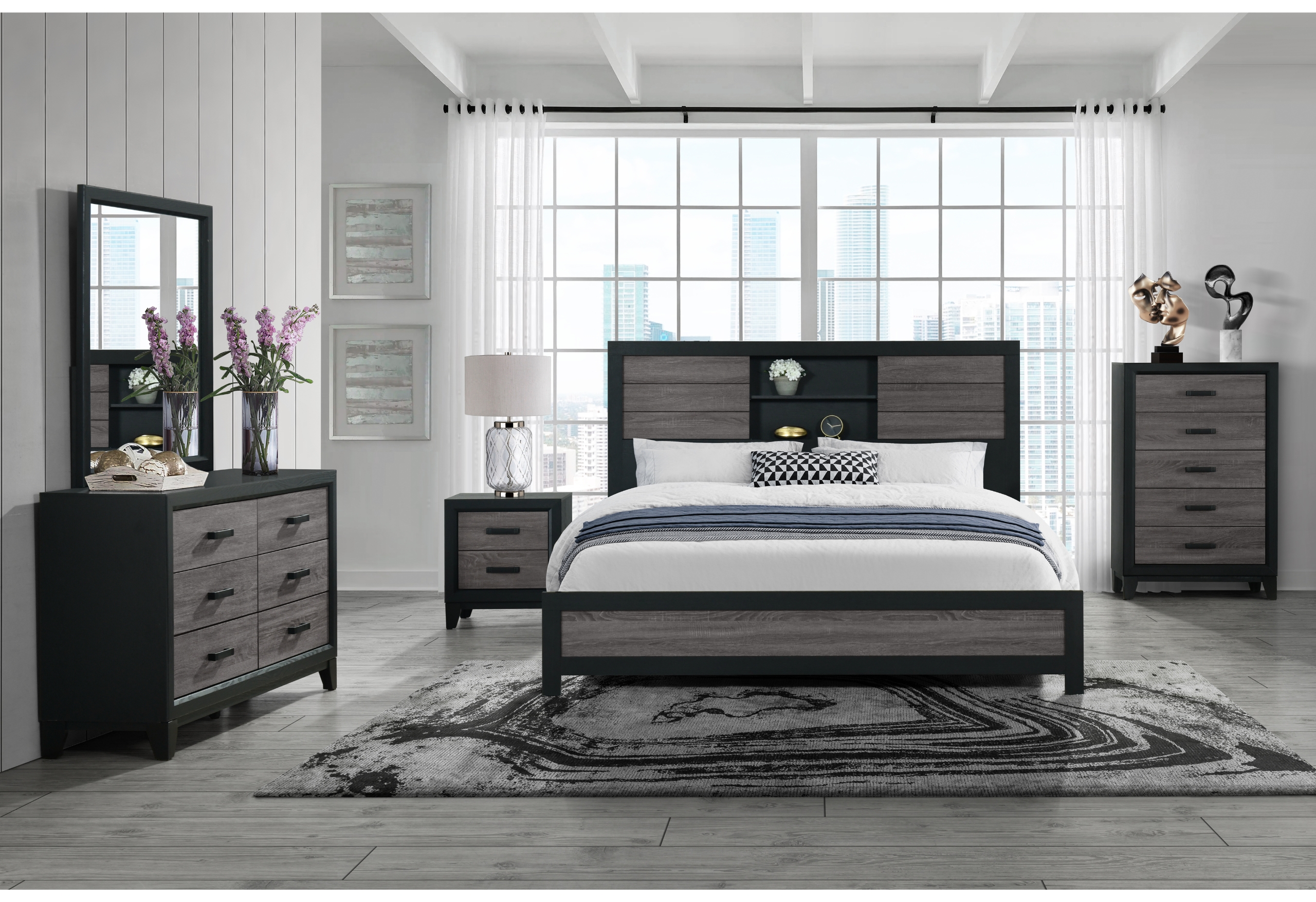 ELLA GREY/BLACK BOOKCASE QUEEN BED GROUP