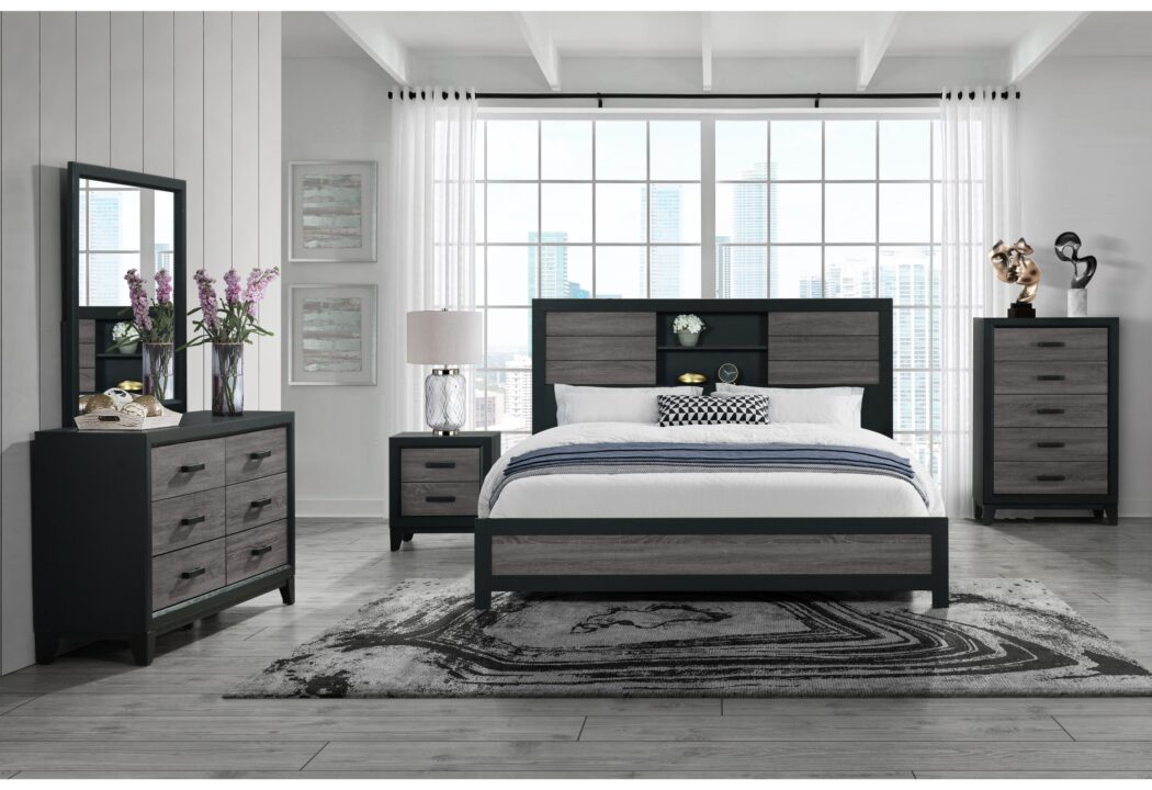 ELLA GREY/BLACK BOOKCASE KING BED GROUP