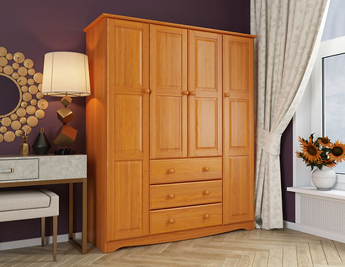 Virgo – 100% Solid Wood Family Wardrobe Armoire, Honey Pine. No Shelves